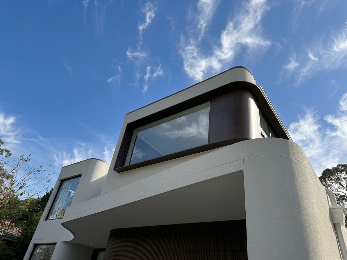 Completed Lindfield home with curved render and timber detailing