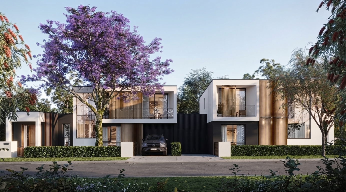 Contemporary Sydney duplex with timber screens and jacaranda tree