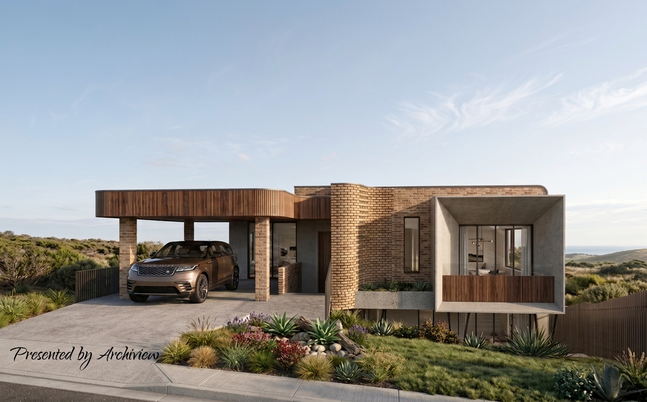 Architectural rendering of a Connells Point home with brick, timber and coastal outlook