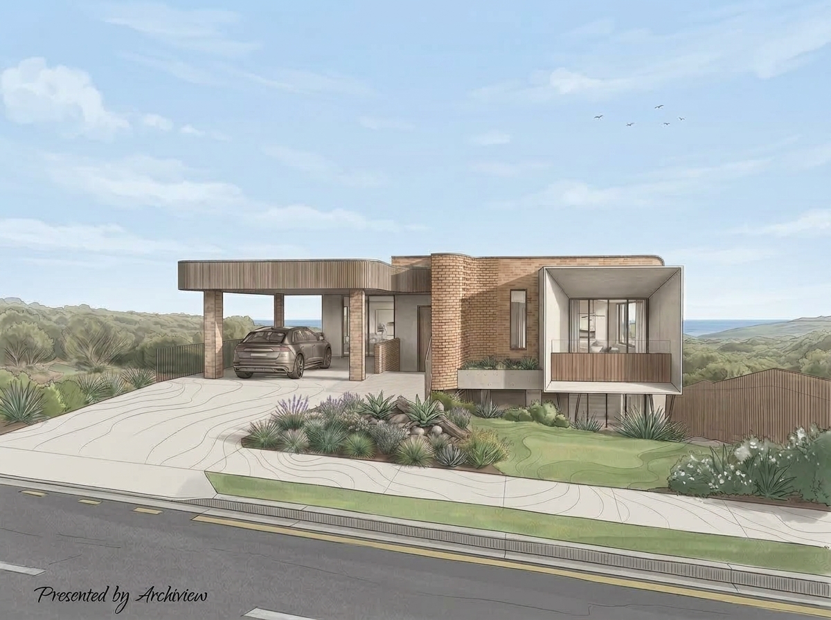 Architectural rendering of a Connells Point home with brick, timber and coastal outlook