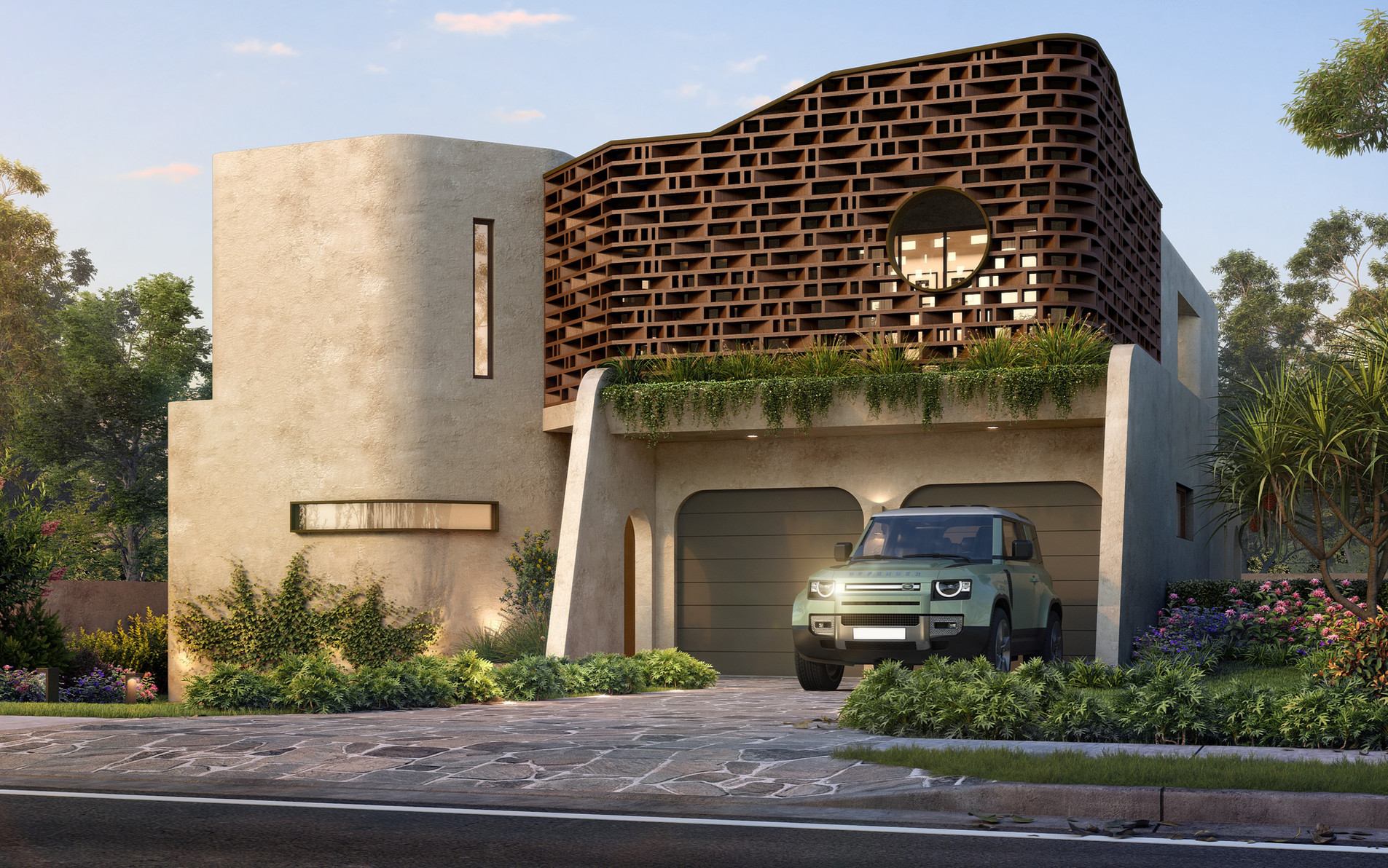 Rendered Sydney residence with curved brick screen designed by Archiview